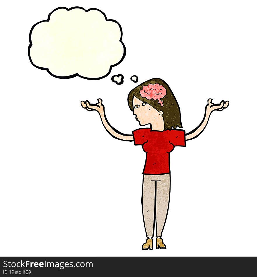 cartoon intelligent woman with thought bubble