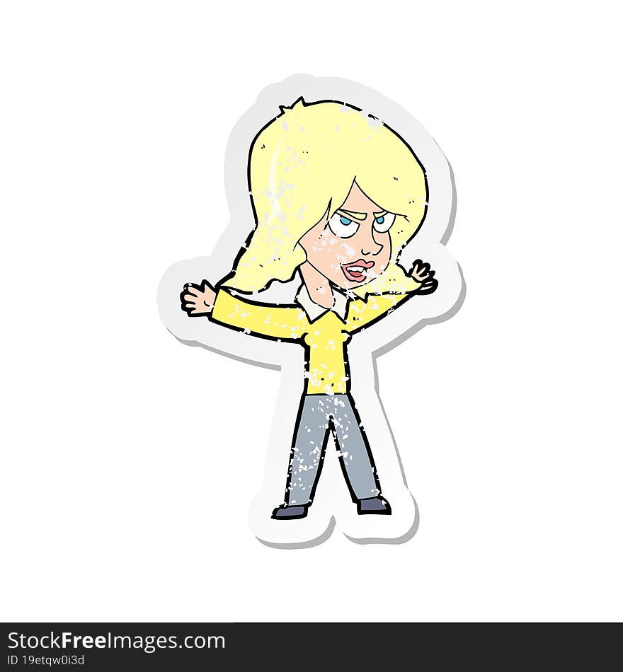 retro distressed sticker of a cartoon woman gesturing