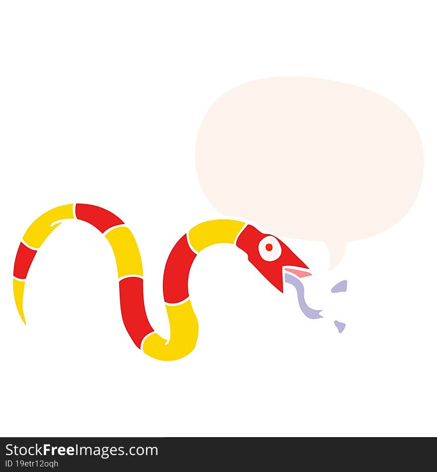 hissing cartoon snake and speech bubble in retro style