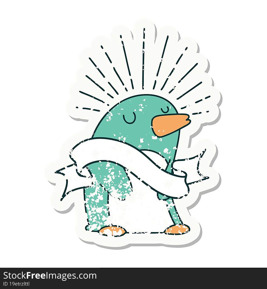 grunge sticker of tattoo style happy penguin