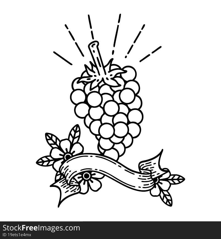 Banner With Black Line Work Tattoo Style Bunch Of Grapes