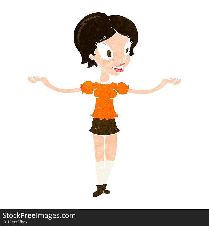 cartoon woman with arms spread wide