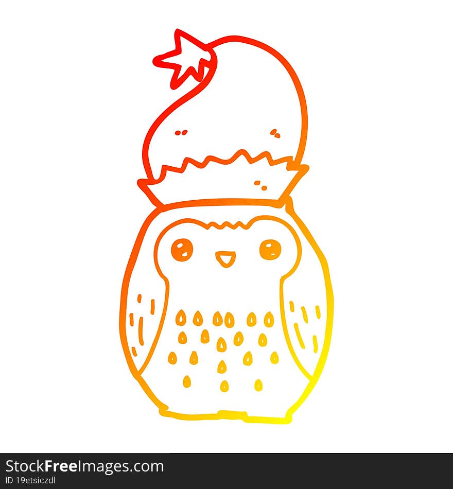 Warm Gradient Line Drawing Cute Cartoon Owl Wearing Christmas Hat