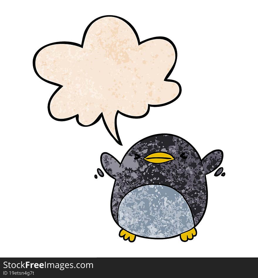 cute cartoon penguin flapping wings and speech bubble in retro texture style