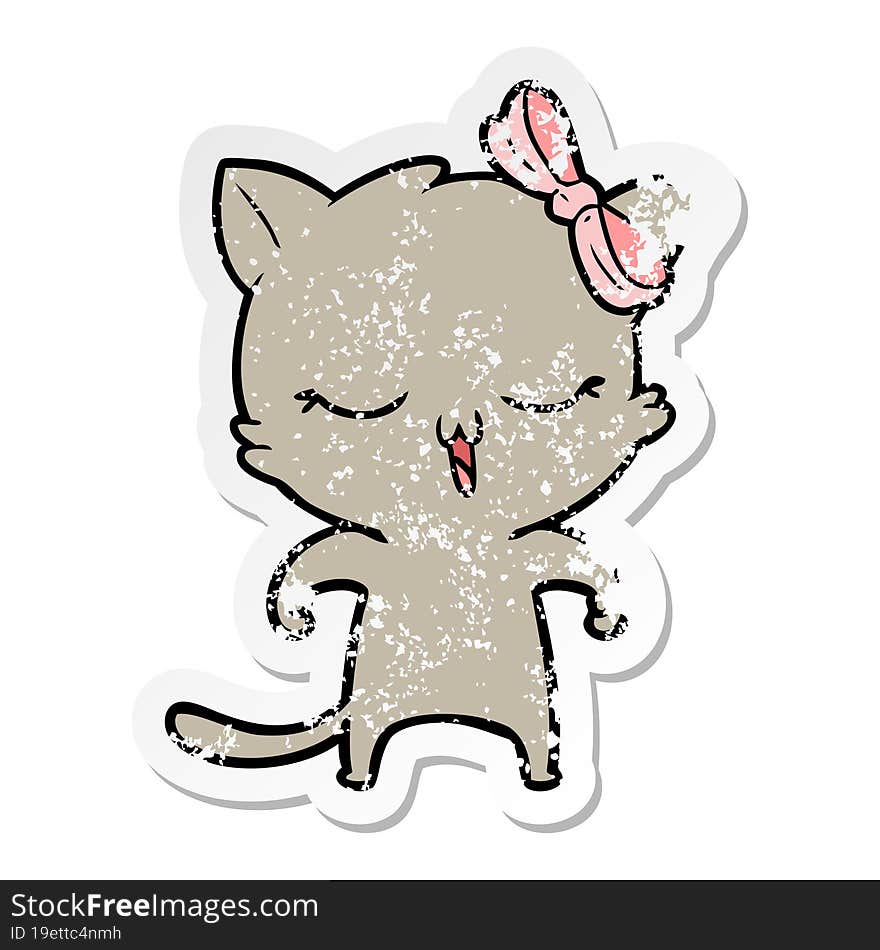 distressed sticker of a cartoon cat with bow on head