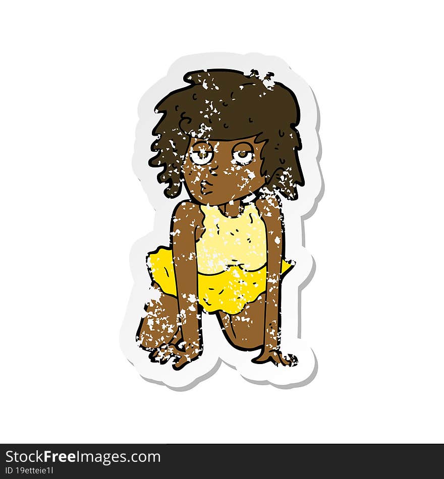 retro distressed sticker of a cartoon woman doing pin-up pose