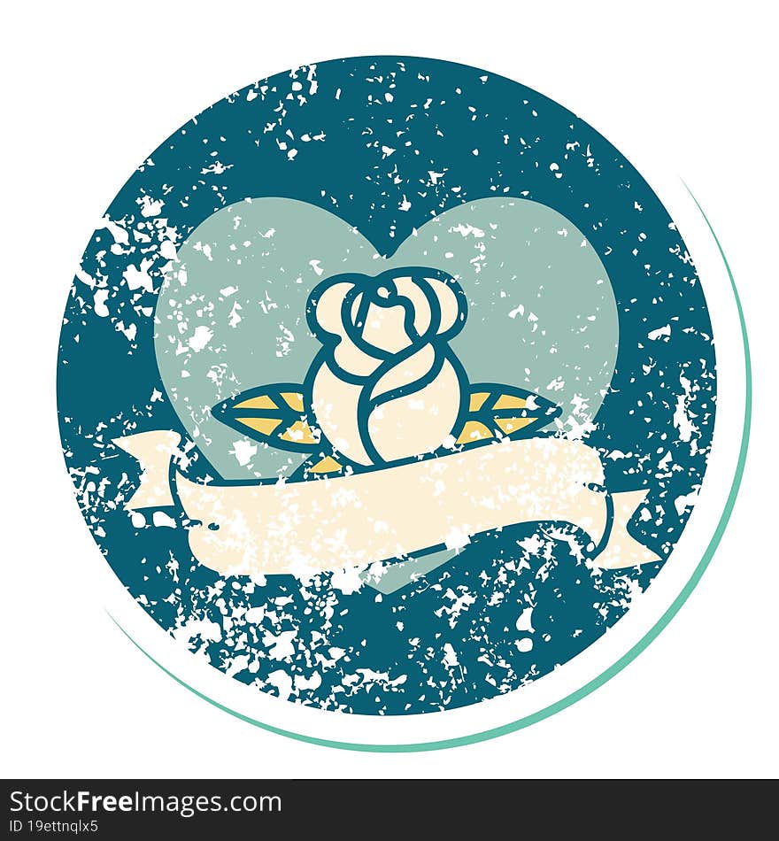 distressed sticker tattoo style icon of a heart rose and banner