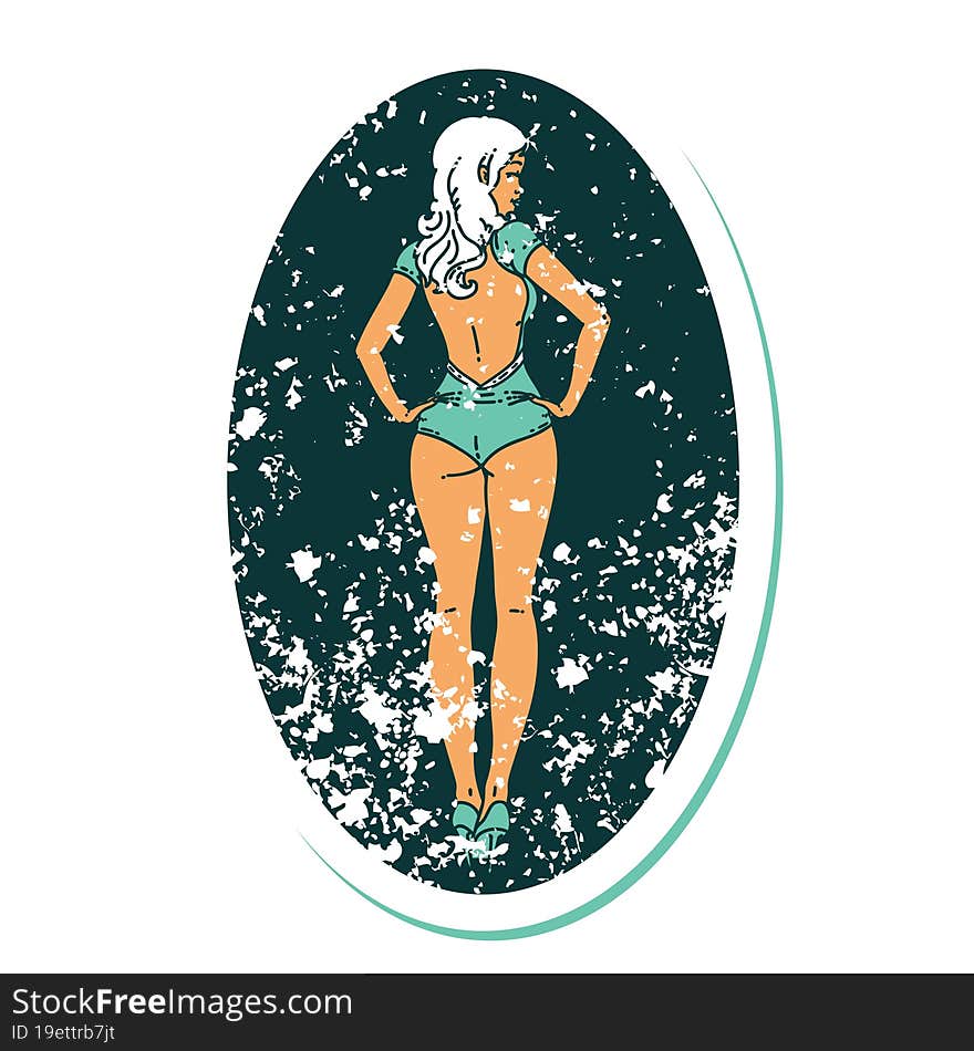 distressed sticker tattoo style icon of a pinup swimsuit girl