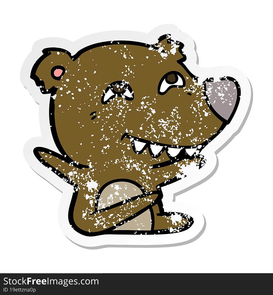 Distressed Sticker Of A Cartoon Bear Showing Teeth