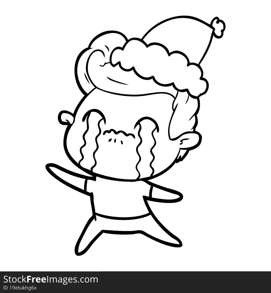 hand drawn line drawing of a man crying wearing santa hat