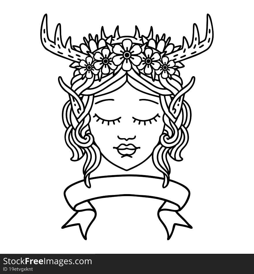 Black and White Tattoo linework Style elf druid character face with banner. Black and White Tattoo linework Style elf druid character face with banner