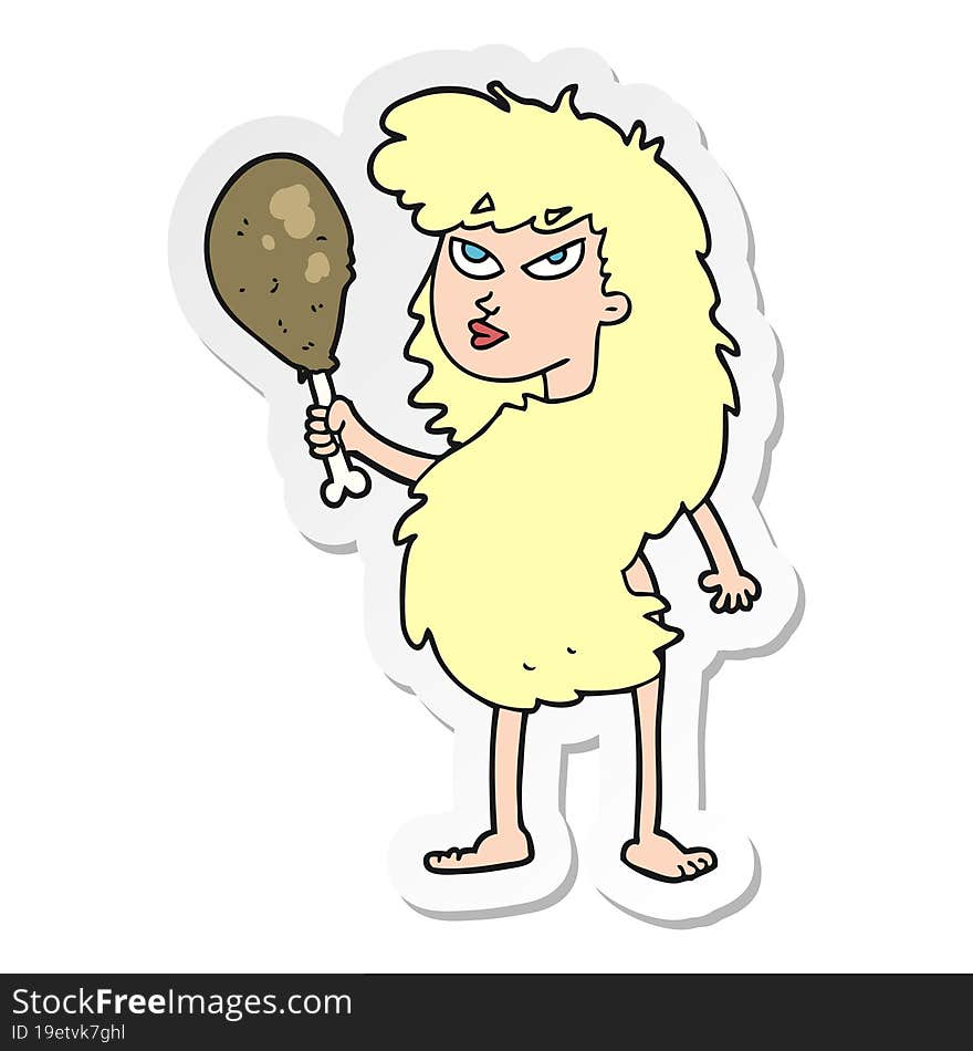 sticker of a cartoon cavewoman with meat