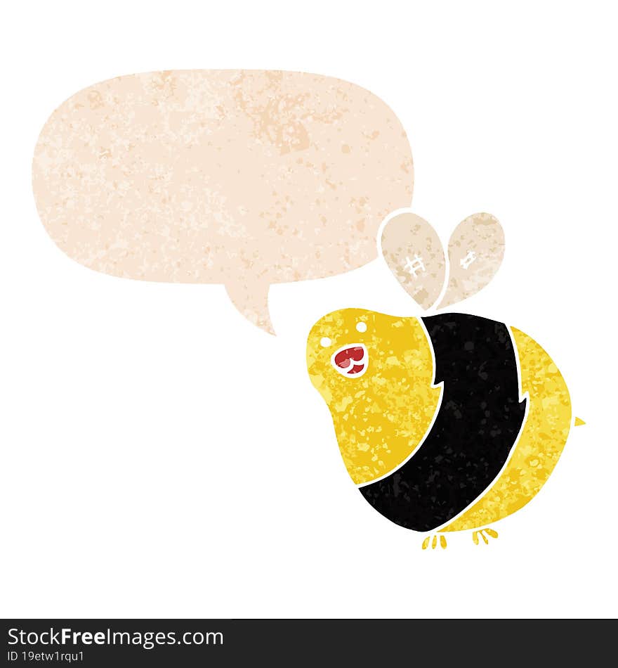 cartoon bee and speech bubble in retro textured style