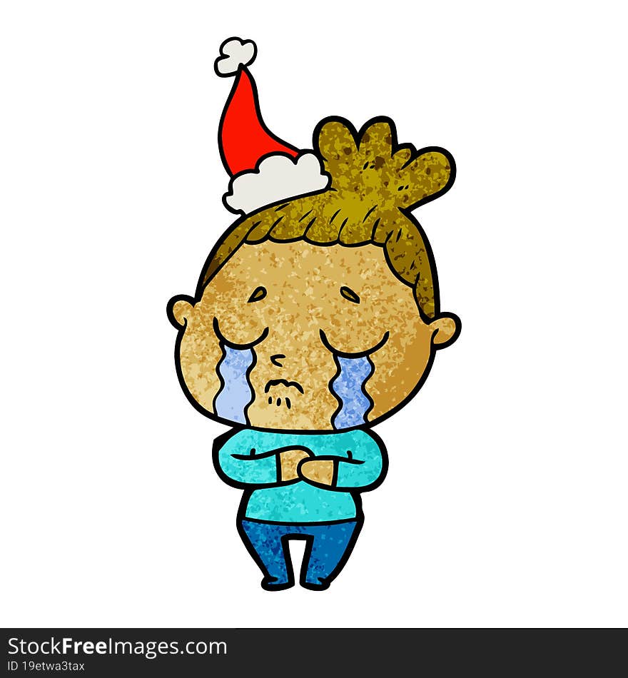 Textured Cartoon Of A Crying Woman Wearing Santa Hat