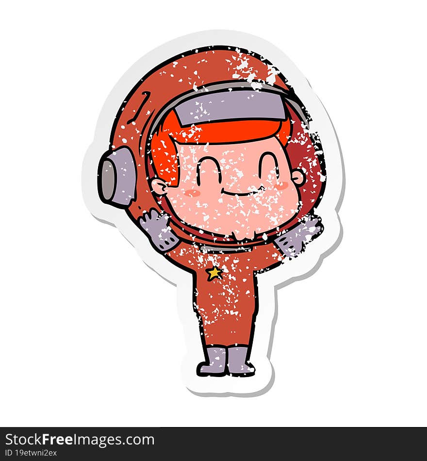 distressed sticker of a happy cartoon astronaut man