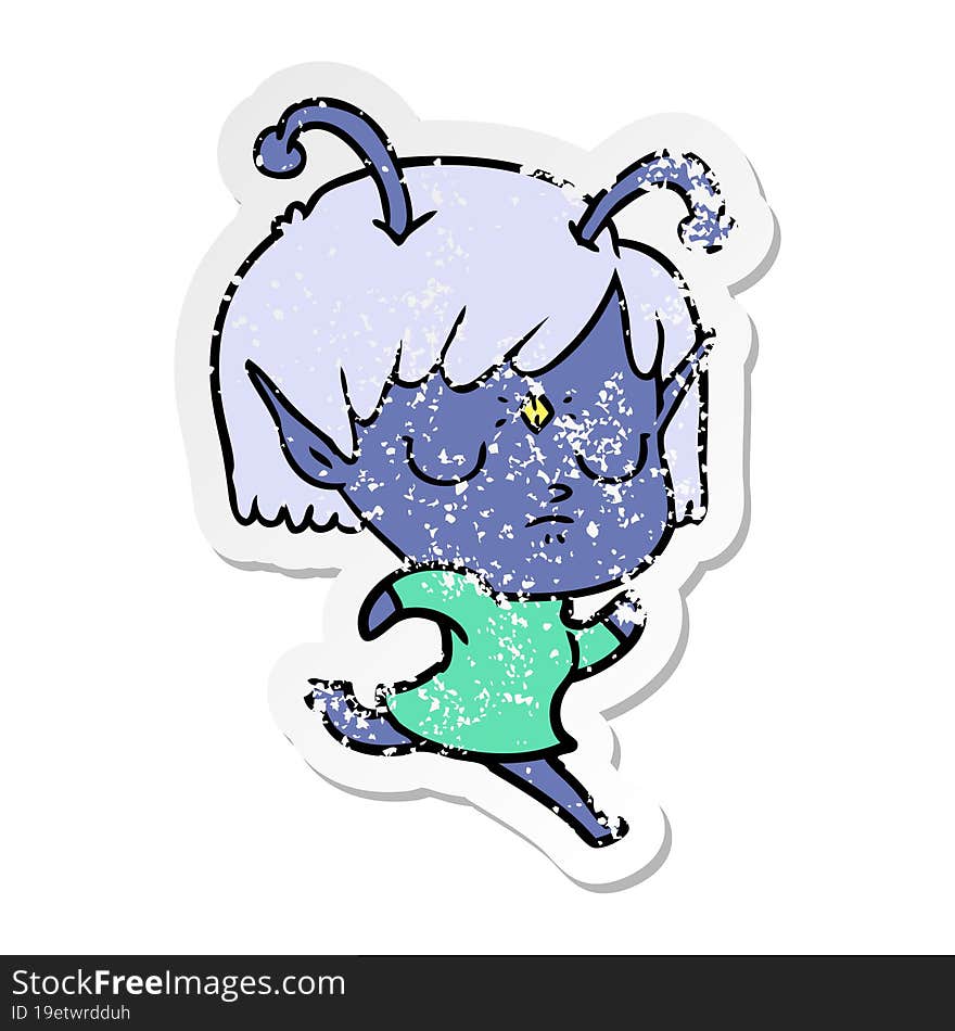 distressed sticker of a cartoon alien girl