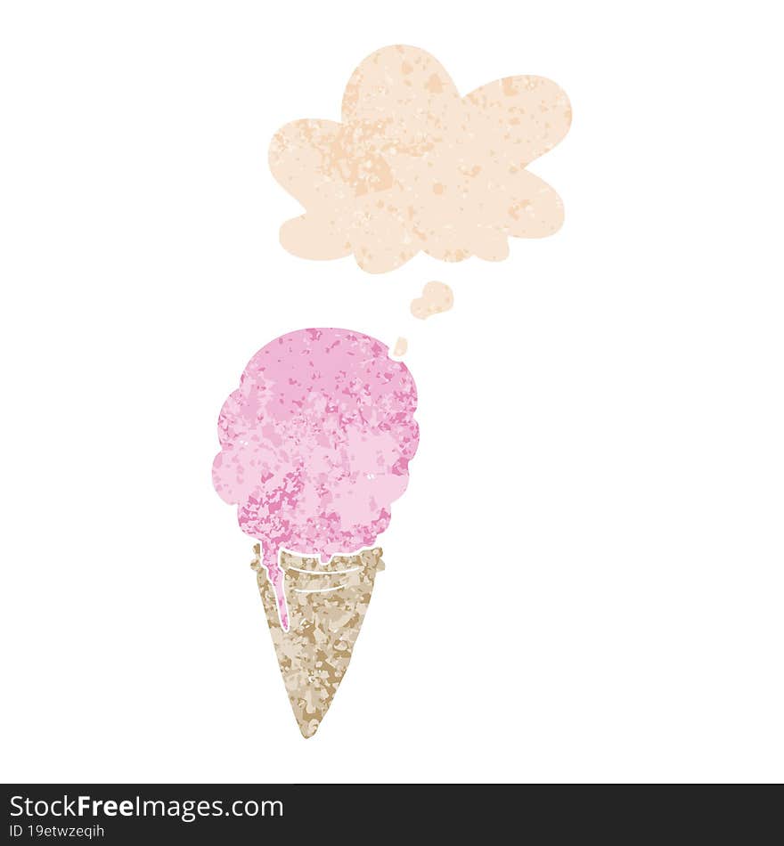 Cartoon Ice Cream And Thought Bubble In Retro Textured Style