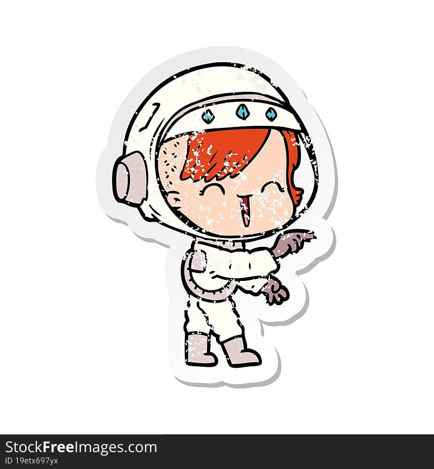 distressed sticker of a cartoon astronaut girl pointing and laughing