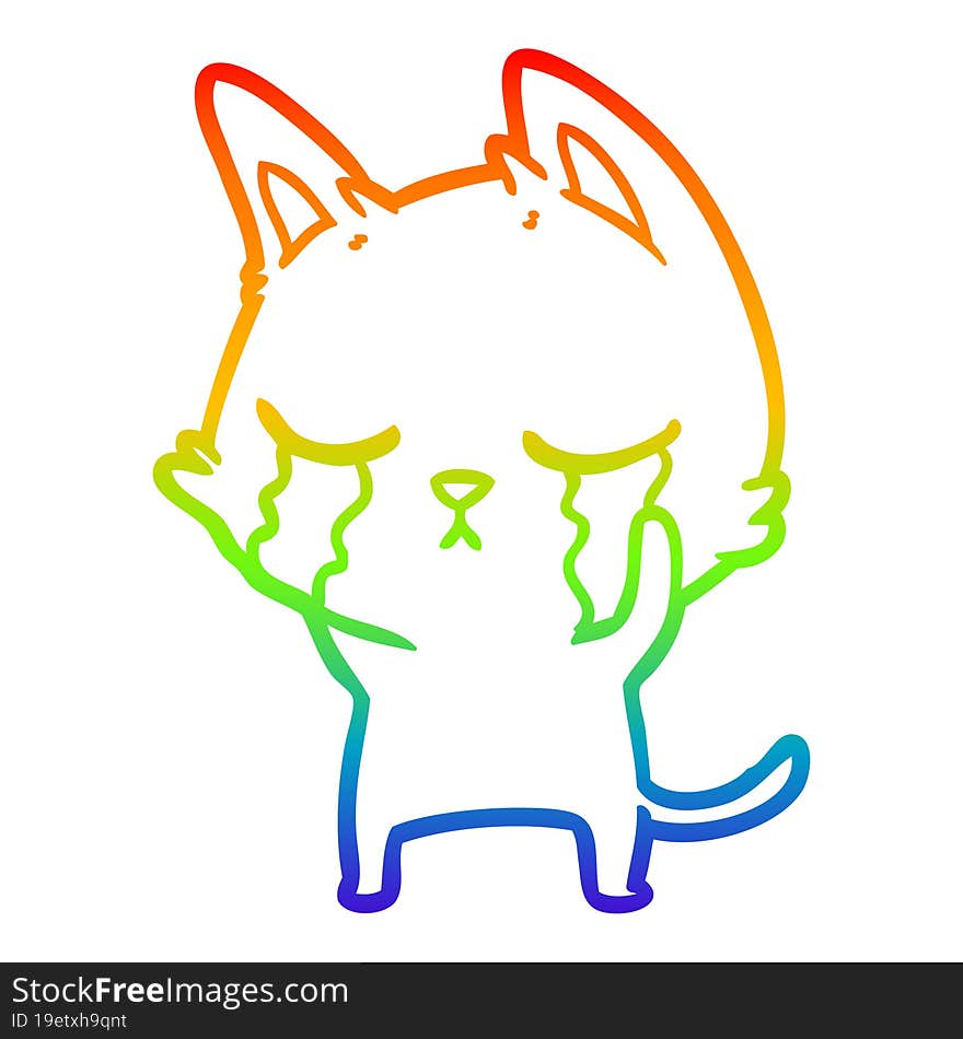 rainbow gradient line drawing of a crying cartoon cat