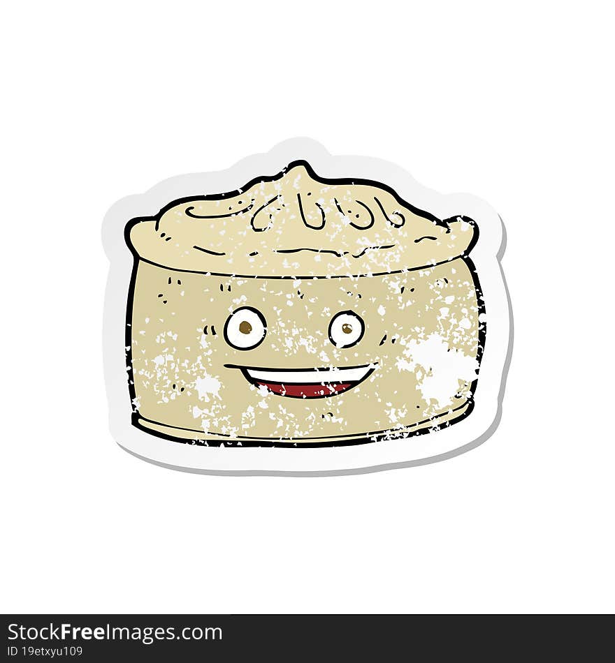 retro distressed sticker of a cartoon pie with face