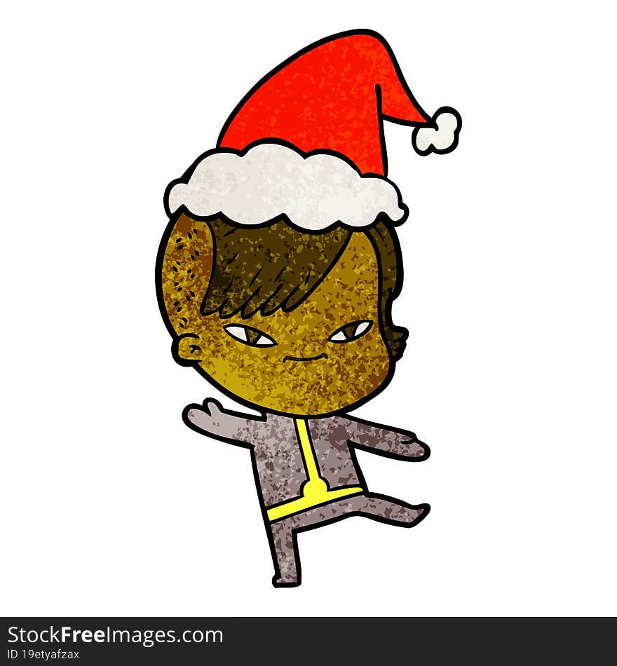 cute textured cartoon of a girl with hipster haircut wearing santa hat