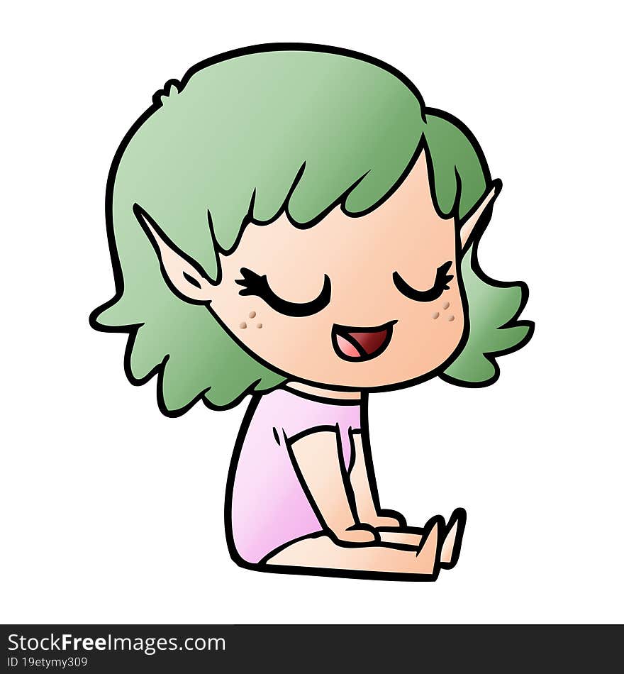 happy cartoon elf girl sitting on floor. happy cartoon elf girl sitting on floor