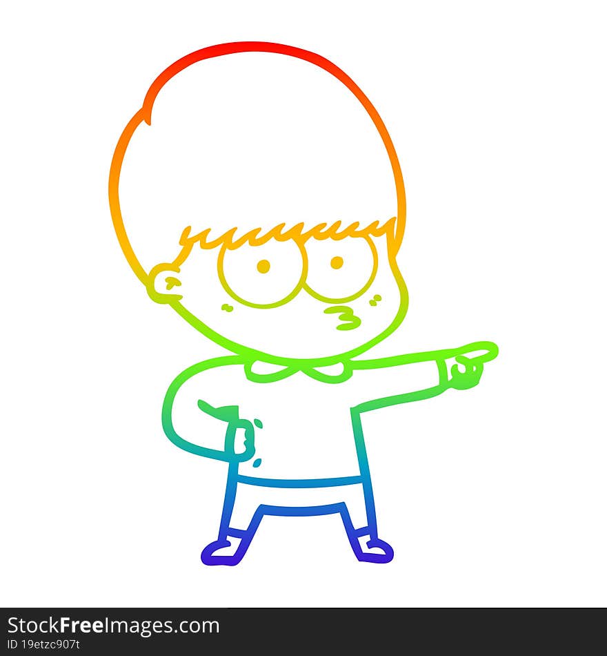 rainbow gradient line drawing of a nervous cartoon boy pointing