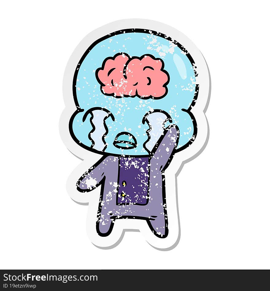 distressed sticker of a cartoon big brain alien crying