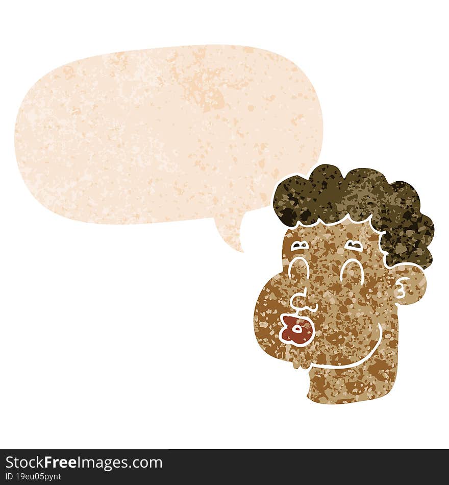 cartoon male face and speech bubble in retro textured style