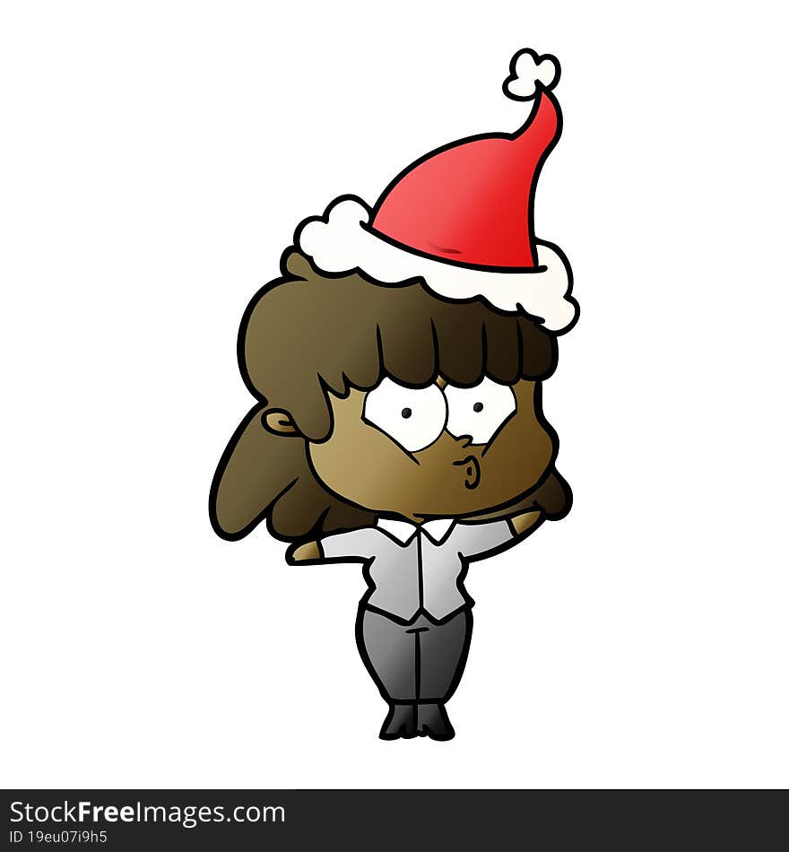 gradient cartoon of a whistling girl wearing santa hat