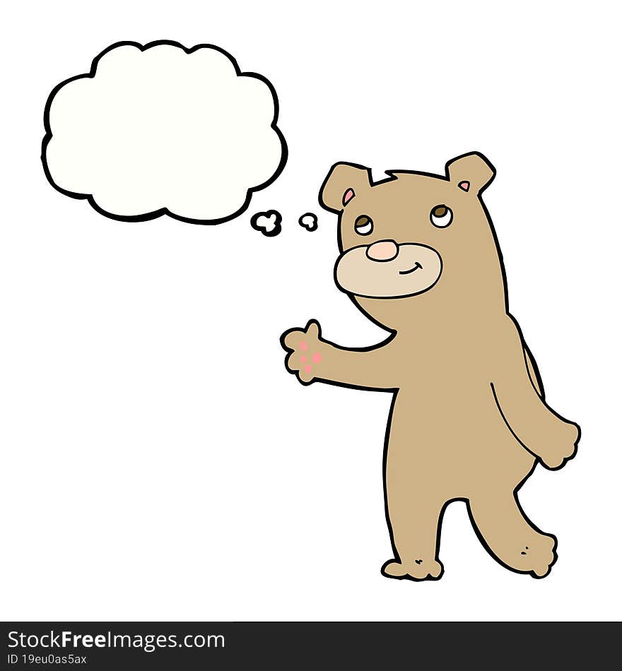 cartoon happy waving bear with thought bubble