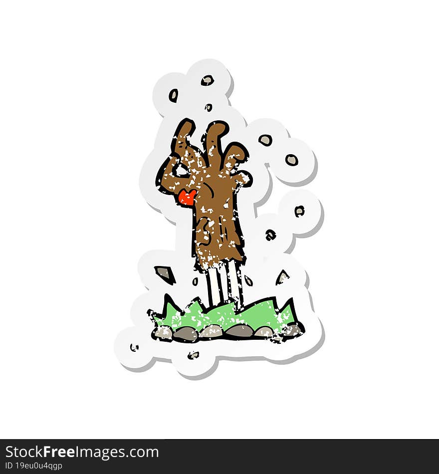 Retro Distressed Sticker Of A Cartoon Zombie Hand Rising From Ground