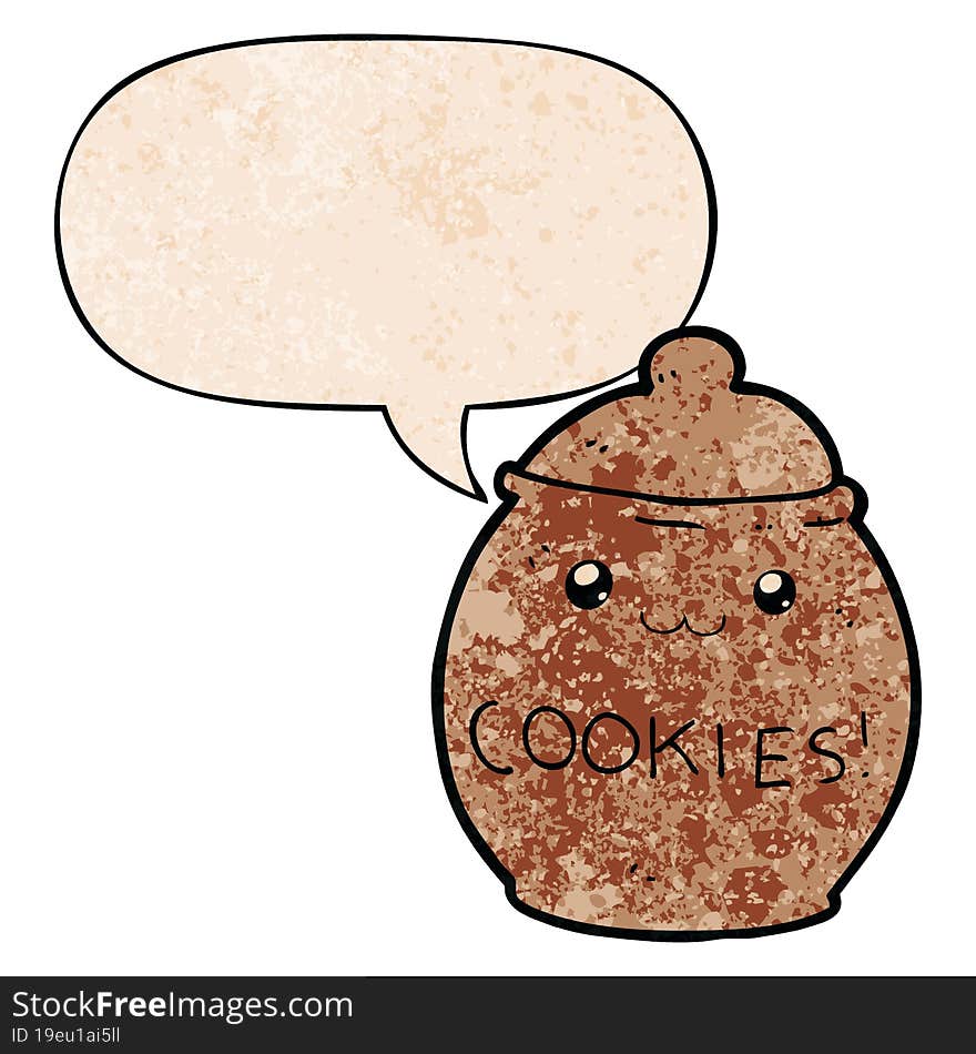 cartoon cookie jar with speech bubble in retro texture style