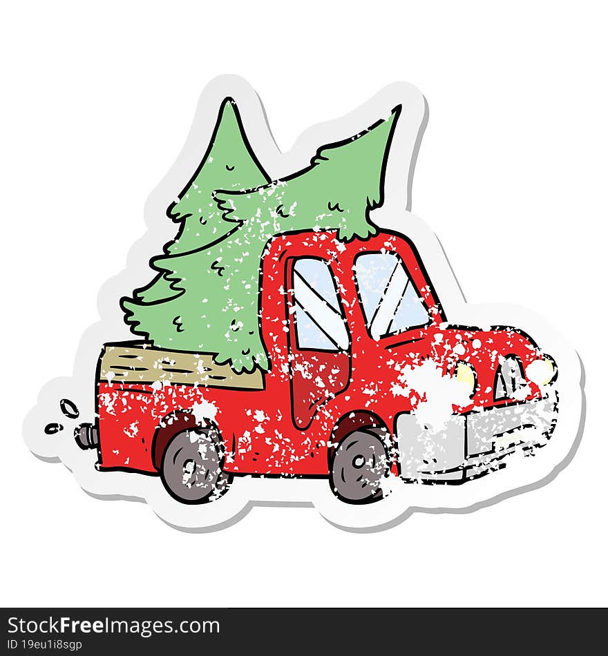 distressed sticker of a cartoon pickup truck carrying trees