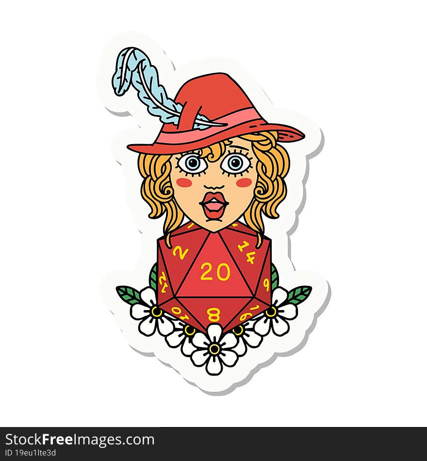 sticker of a human bard with natural 20 dice roll. sticker of a human bard with natural 20 dice roll