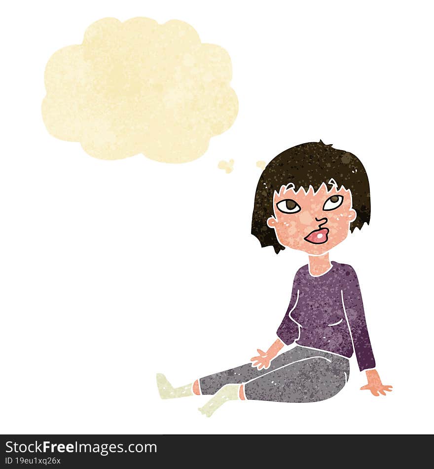 cartoon woman sitting on floor with thought bubble