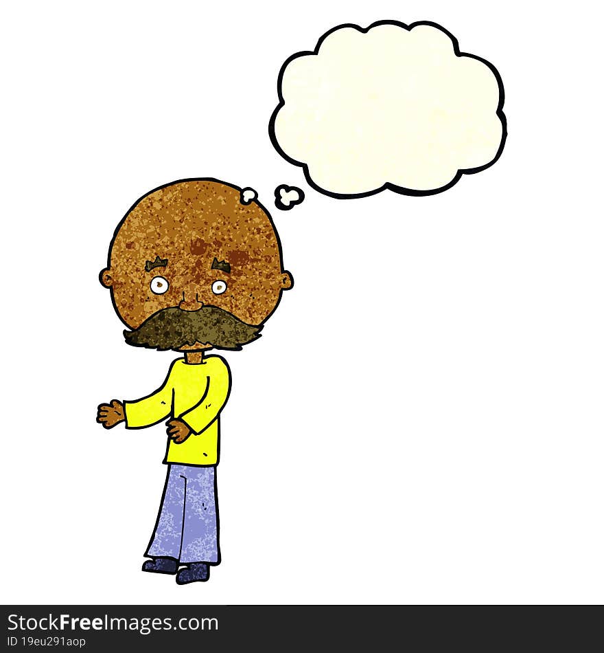 cartoon man with mustache with thought bubble