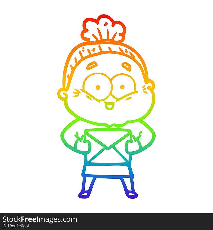 rainbow gradient line drawing cartoon happy old woman