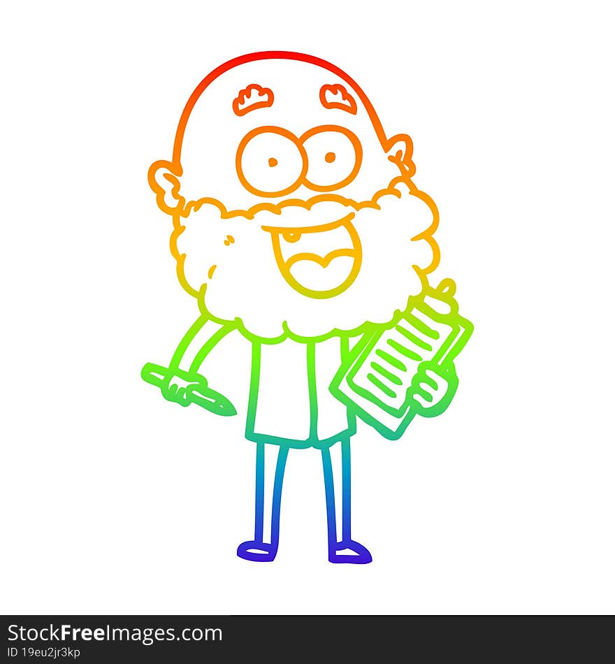 rainbow gradient line drawing cartoon crazy happy man with beard and clip board for notes