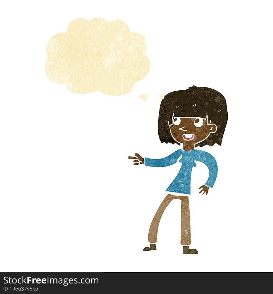 cartoon girl pointing with thought bubble