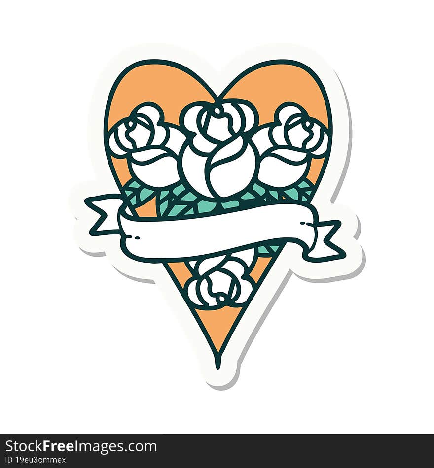 Tattoo Style Sticker Of A Heart And Banner With Flowers