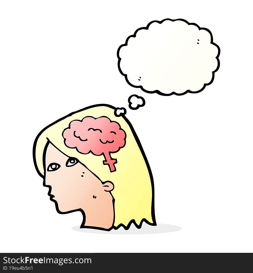 cartoon female head with brain symbol with thought bubble