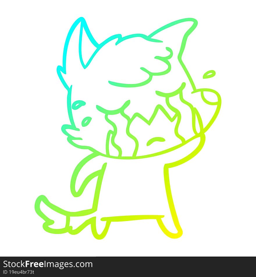 cold gradient line drawing of a crying fox cartoon