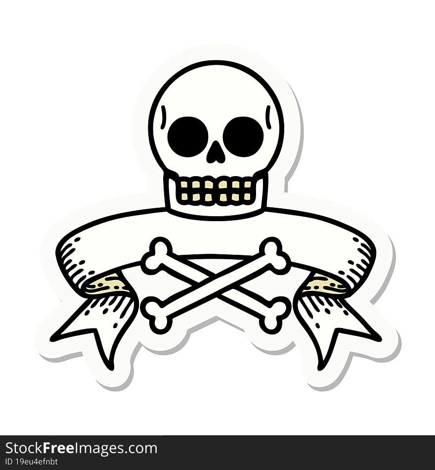 tattoo sticker with banner of a skull and bones