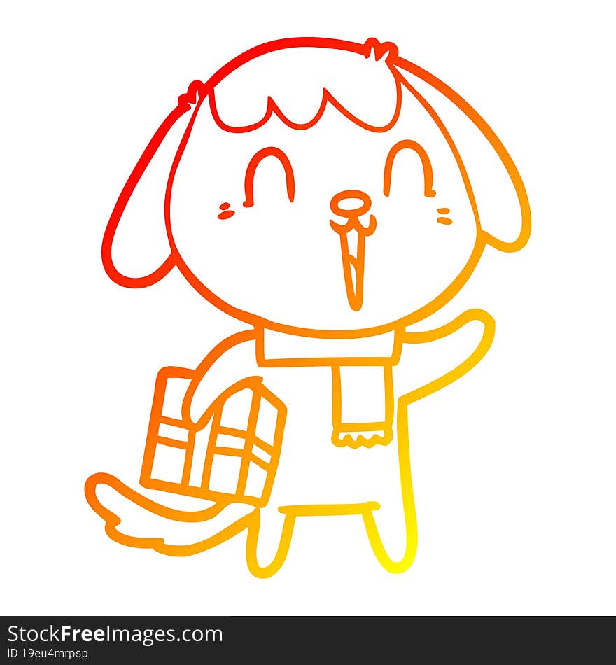 warm gradient line drawing of a cute cartoon dog with christmas present