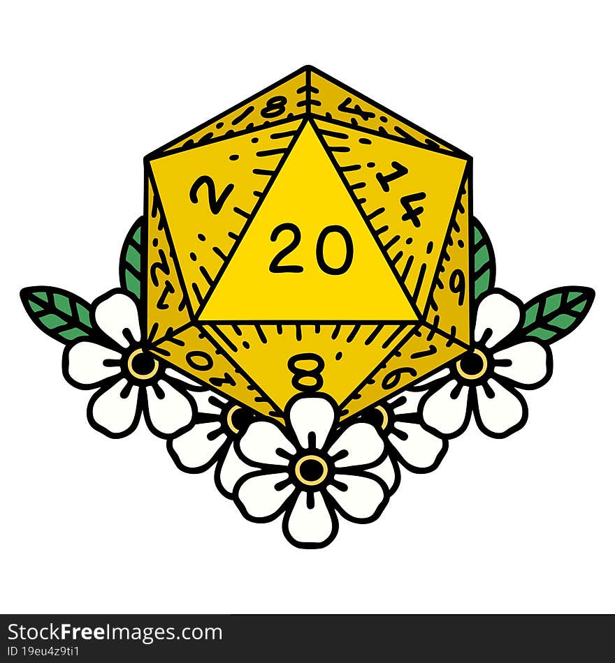 tattoo in traditional style of a d20. tattoo in traditional style of a d20