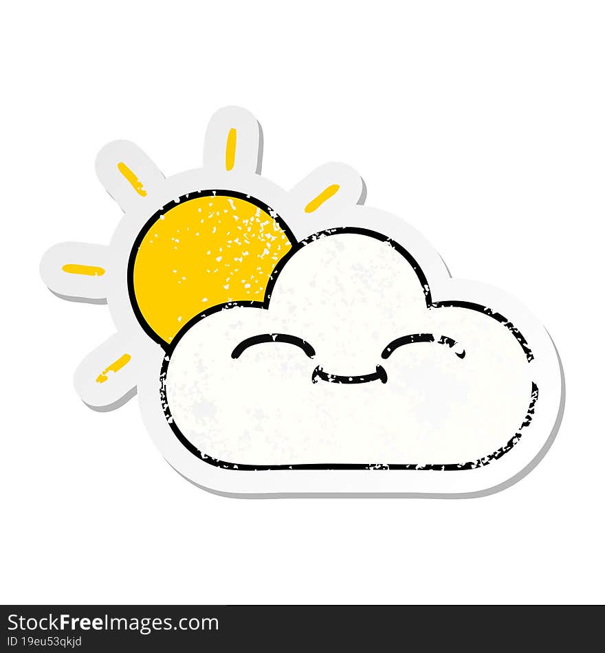 Distressed Sticker Of A Cute Cartoon Sunshine And Cloud