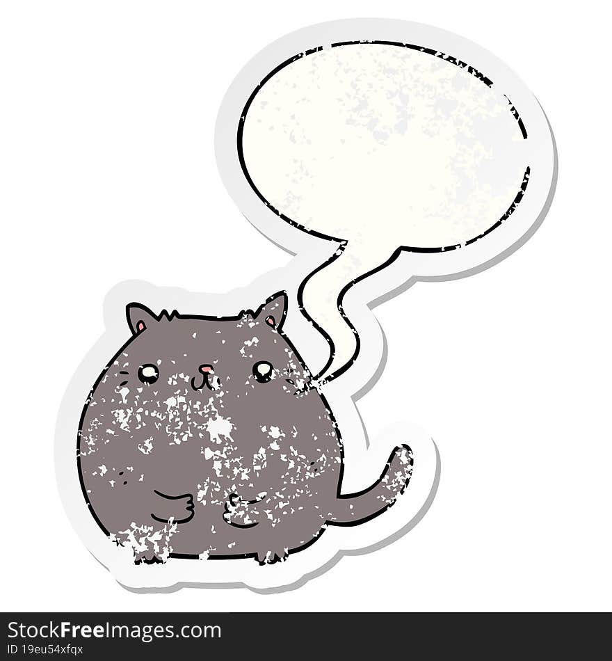 cartoon cat with speech bubble distressed distressed old sticker. cartoon cat with speech bubble distressed distressed old sticker