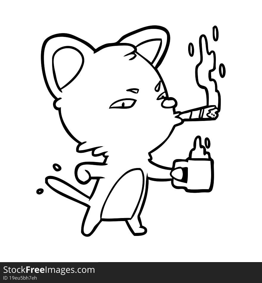 line drawing of a serious business cat with coffee and cigar. line drawing of a serious business cat with coffee and cigar