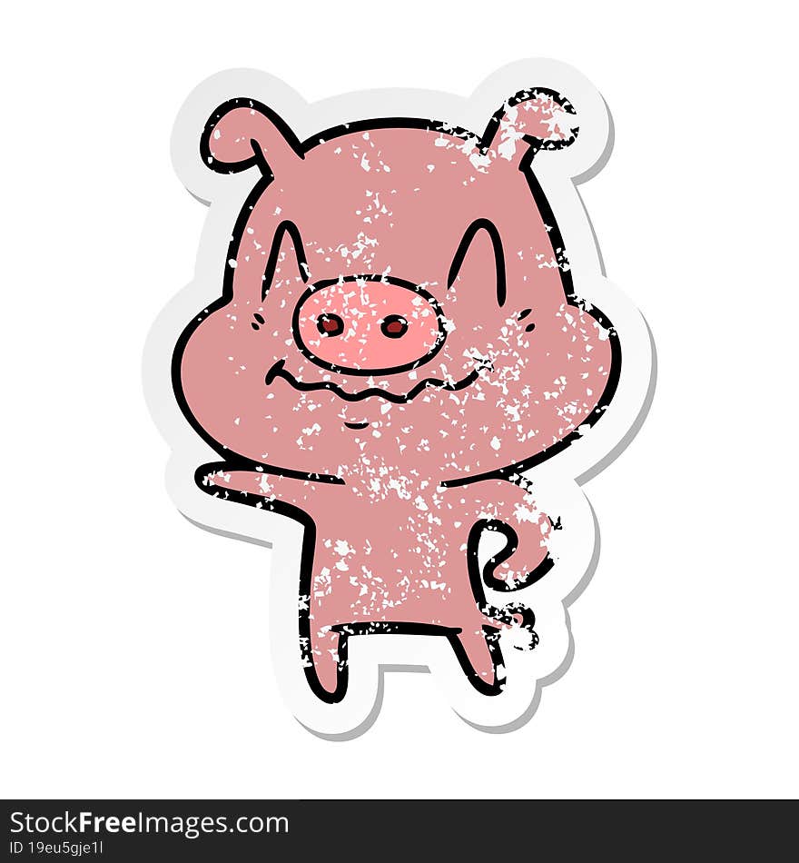 distressed sticker of a nervous cartoon pig